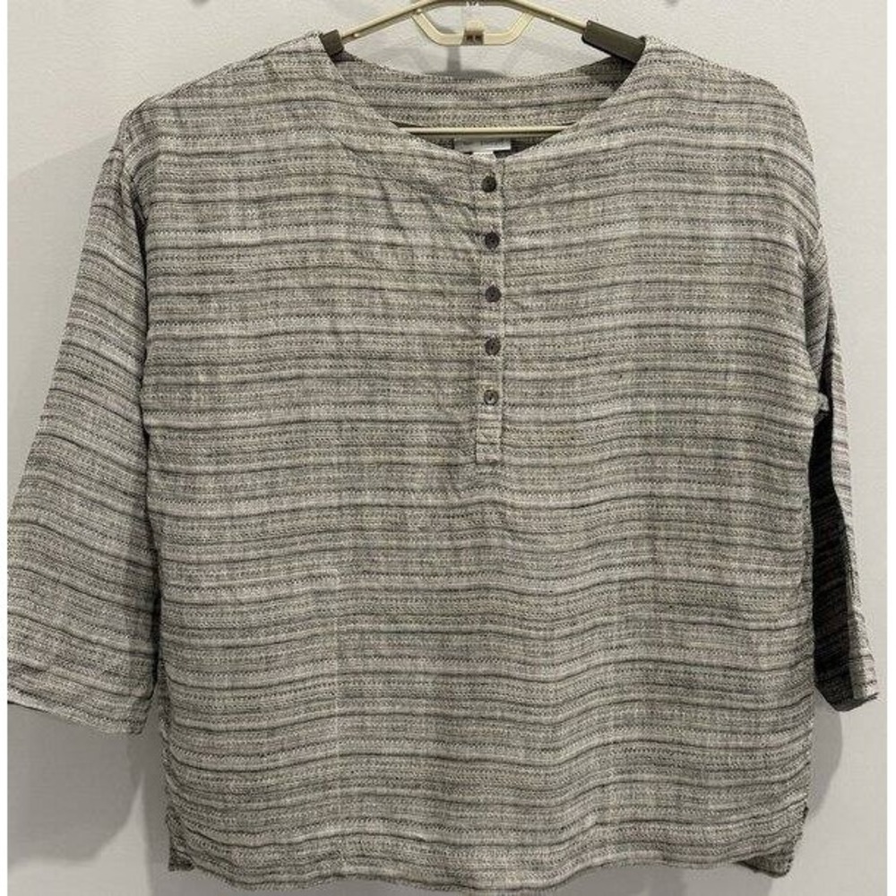 J Jill Pure Jill 100% Linen 3/4 Sleeve Gray Textured 3/4 Sleeve Button Pocket S